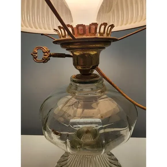 Vintage Electric Oil Lamp w/ Green Ribbed Glass Shade & Brass Burner –20.5" Tall - Picture 6 of 15